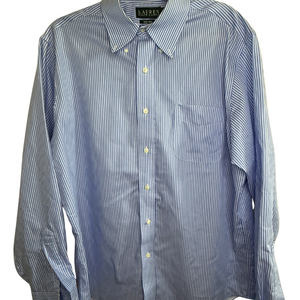 Lauren Ralph Lauren Men's Non-Iron Blue & White Striped Dress Shirt 100% Cotton